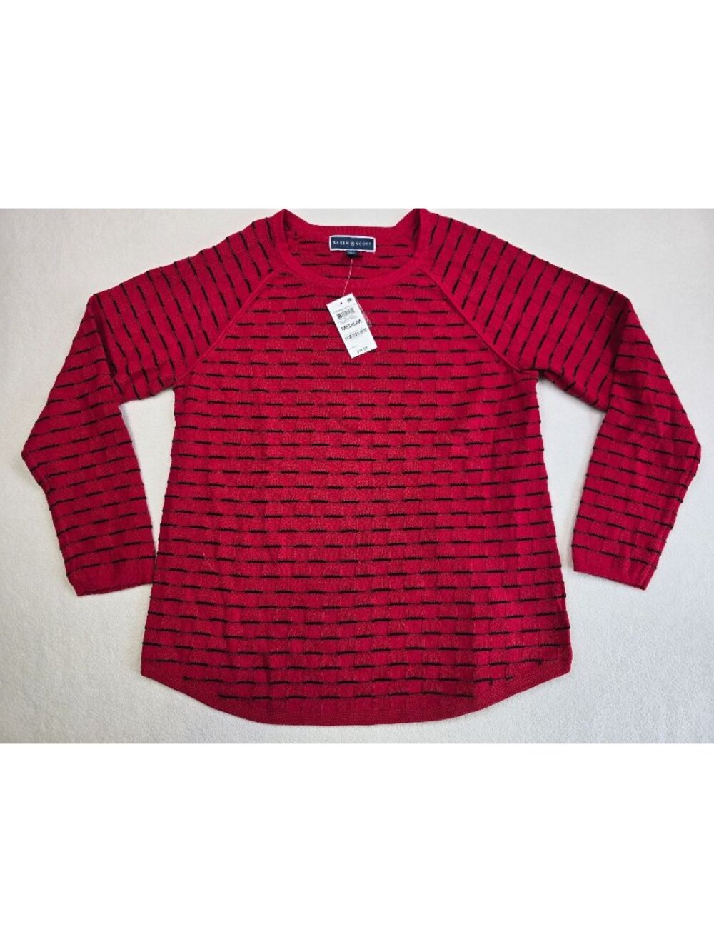 NWT Karen Scott Womens Medium Red & Black Striped Cotton Sweater